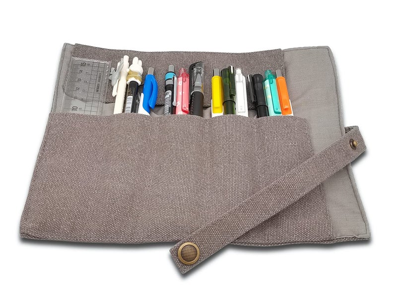 Funny live Pure Color Pen Pencil Wrap Pencils Roll Holder,Simple Retro Style Pen Pouch Bag Coloring Pencils Organizer Holder Colored Pen Paint Brush Storage Pouch (Grey) - Image 4